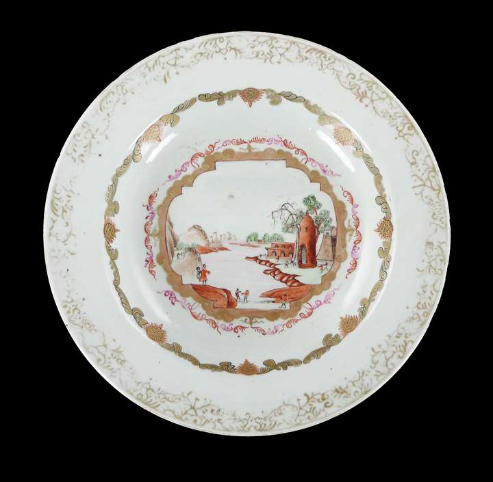 Chinese export porcelain famille rose soup plate with a Meissen style scene